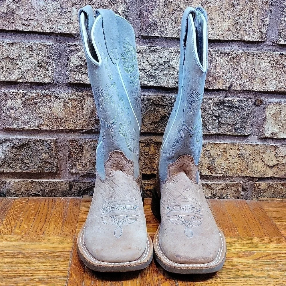 Old West Youth 3.5D Cowboy Boots Tan Blue Leather Western Kids Boots